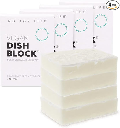 NO TOX LIFE Vegan Dish Block, 6 oz – A Solid Dish Soap for Effective Cleaning of Dishes, Pots and Pans – Ultra-Concentrated Biodegradable Formula – Fragrance and Dye Free – 4 Pack