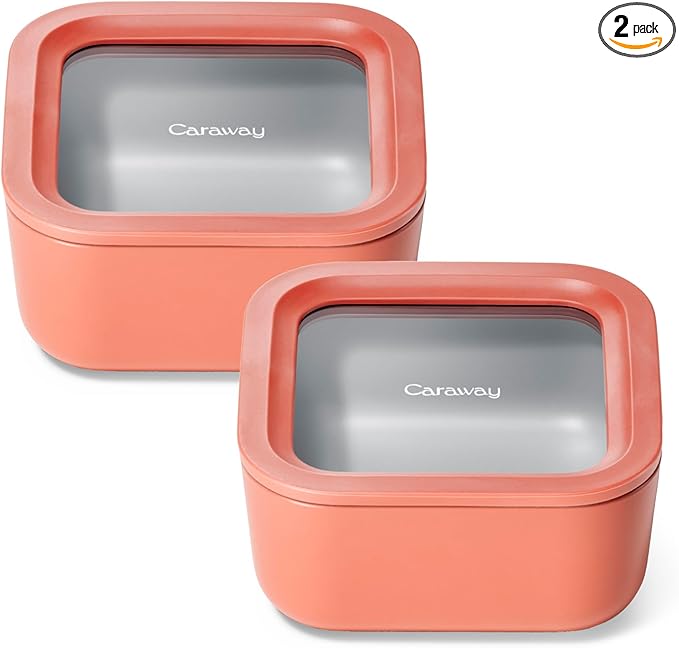 Caraway 2pc Glass Food Storage Set - 4.4 Cup Food Containers (2) - Ceramic Coated - Non Toxic, Non Stick Lunch with Lids - Dishwasher, Oven, & Microwave Safe - Perracotta