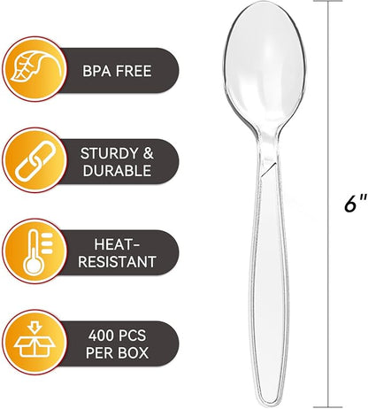 400 Count Plastic Spoons Heavy Duty Clear, BPA-Free, Heat Resistant, Solid and Durable Disposable Spoons Heavy Duty Bulk, Premium Spoons plastic disposable for Party Supply