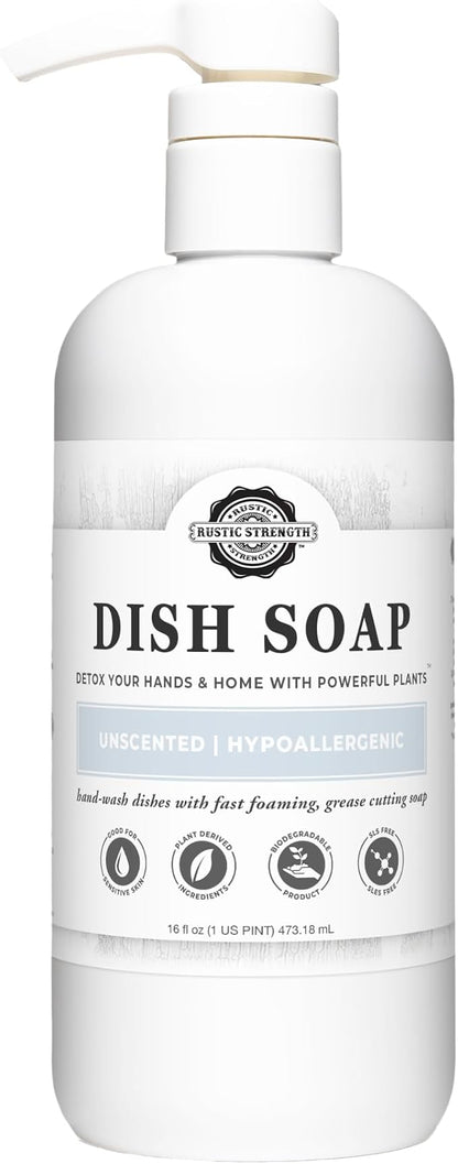 Rustic Strength Natural Dish Soap, Unscented, 16 oz | High-Lathering, Concentrated, Biodegradable Plant-Based Formula,Cuts Grease,