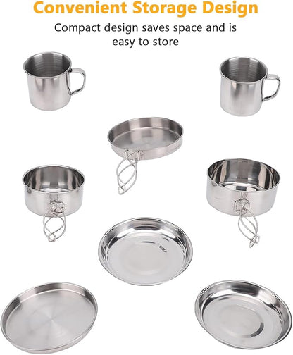 8PCS Stainless Steel Camping Cooking Set Cookware Mess Kit Cook Pots and Pan Set with Plates Cups, Lightweight Camping Cookware for Hiking Backpacking Outdoor Cooking and Picnic