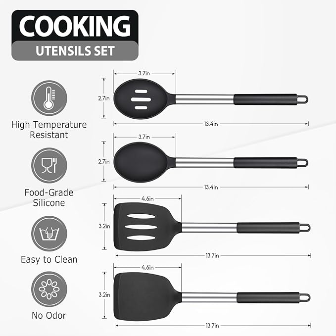 Pack of 4 Large Silicone Cooking Spatulas and Spoons, Slotted and Solid