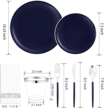 KIRE 175Pcs Blue Plastic Plates with Silver Rim & Disposable Silverware with Blue Handle & Silver-rim Cups & Hand Napkin & Plastic Dinnerware for Parties/Wedding