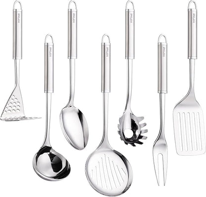 Stainless Steel Cooking Utensils 7PCS Kitchen Utensils Set, Heat Resistant Handle Utensils Set Included Ladle, Meat Fork, Slotted Spatula, Pasta Fork, Masher, Solid Spoon, Skimmer Spoon