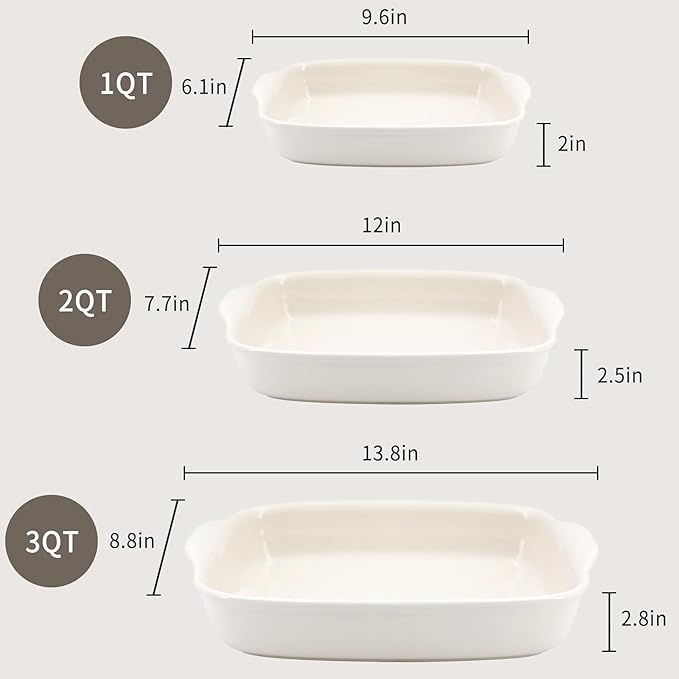 3-Pack Ceramic Baking Dishes Set, Heavy-Duty Oven-Safe Stoneware, Deep
