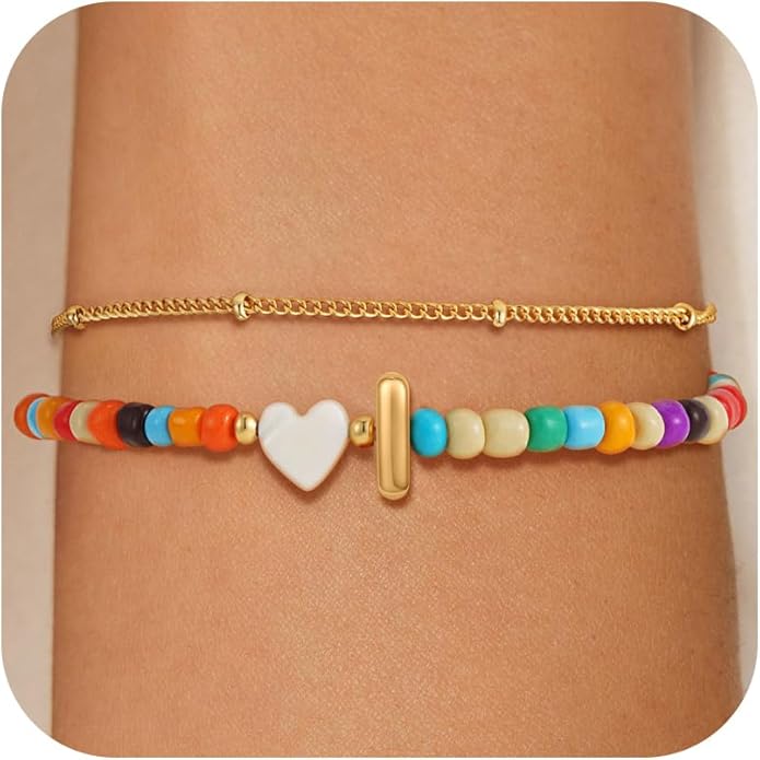 Colorful Initial Bracelets for Women Girls - 14K Gold Plated Heart Initial Letter Daint A-Z Charm Bracelet Summer Jewelry Teen Girl Gifts for Teen Kids