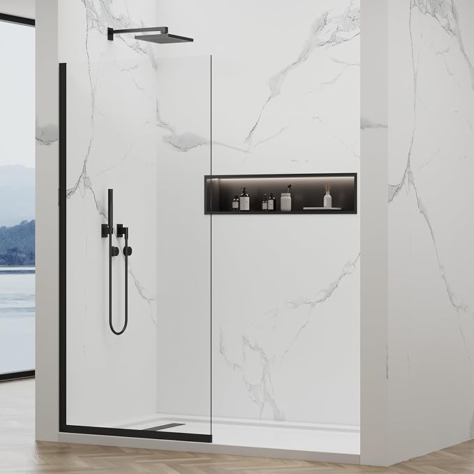 Shower Glass Wall Panel 36" W x 76" H, 3/8" Tempered Glass, Half Frameless