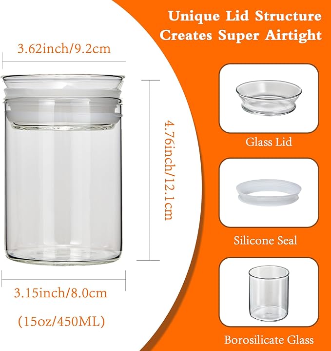 ZENS 15oz Glass Food Storage Jars Set of 3, Clear Glass Canisters with Airtight Lids, Small Container Spice Jars for Kitchen Herbs, Sugar, Blooming Tea, Candy