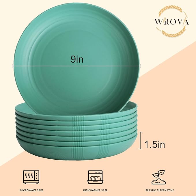 Wrova Wheat Straw Plates - 9 Inch Unbreakable Dinner Plates Set of 8 - Dishwasher & Microwave Safe Plastic Plates Reusable for Kitchen and Camping (Green)