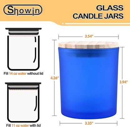 SHOWIN 14 OZ Thick Candle Jars for Making Candles 12 Pcs, 3 Wick Empty Jars with Wood Lids for Candle Making, Sample Container, Frosted Blue