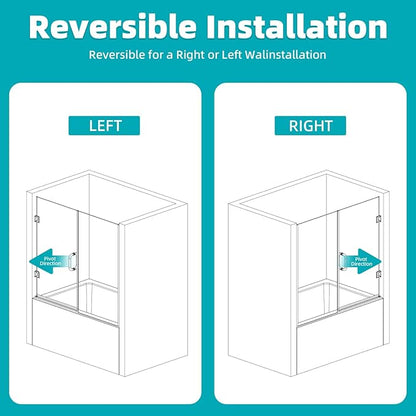 Pivot Swing Bathtub Door, Adjustable Width 60" W x 59" H Semi-Frameless Shower