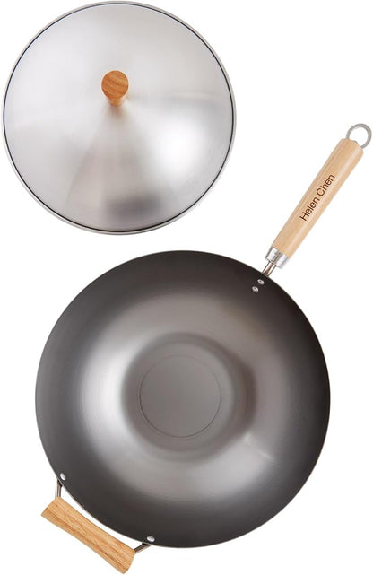 Helen's Asian Kitchen Wok Set - Wok Pan with Lid, 13.5 Inch Carbon Steel Wok - Nonstick Flat Bottom Wok for Stir Fry - Includes 4pc Accessories - Perfect for Gas, Electric, Induction Stovetops
