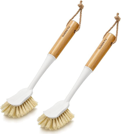 SUBEKYU Dish Brush with Bamboo Handle, Kitchen Dish Scrubber Built-in Scraper