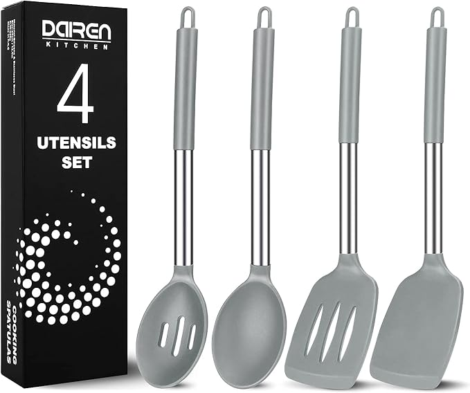 Pack of 4 Large Silicone Cooking Spatulas and Spoons, Slotted and Solid