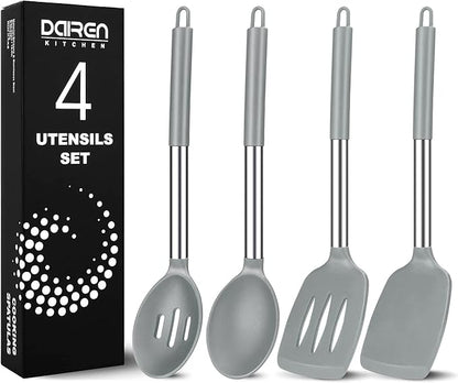 Pack of 4 Large Silicone Cooking Spatulas and Spoons, Slotted and Solid