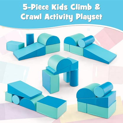HONEY JOY 5-Piece Climb and Crawl Playset, Soft Climbing Foam Block Activity Play Structure Gym Equipment for Infant Baby, Color Coordination, Waterproof Indoor Climbing Toys for Toddlers (Blue)