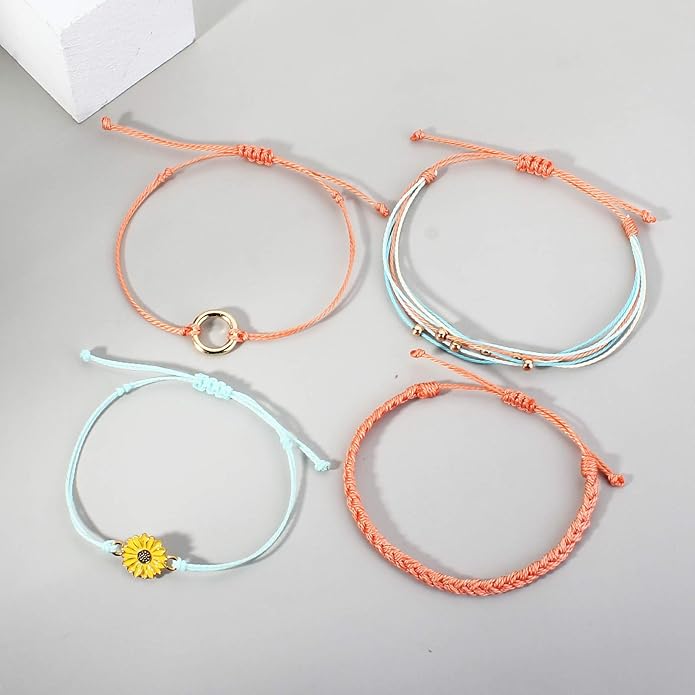 FANCY SHINY Sunflower String Bracelet Boho Braided Rope Wrap Bracelets Cute Summer Beach Surfer Jewelry for Women Christmas Gifts