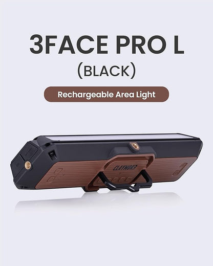 Claymore 3Face Pro L (Black) - Rechargeable Surface Area Camping Light for Trucks, Overlanding, Tents, Canopies, Outdoor Events, Street Vendors, Work Lighting, Long-Lasting Battery, Hanging Design