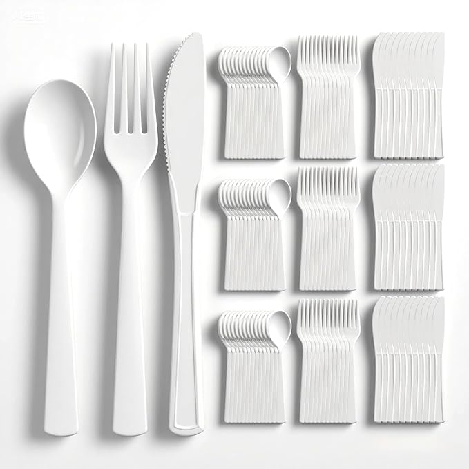 EI 360pcs White Plastic Silverware,Plastic Silverware Heavy Duty,Disposable Plastic Cutlery,Plastic Utensil Sets,Fancy Plastic Silverware include 120pcs Forks,120pcs Spoons and 120pcs Knives for Party