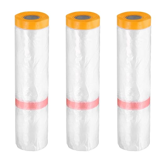 HARFINGTON 3 Rolls Pre-Taped Masking Film 157.5" x65.6ft Double Adhesive Tape and Drape Painters Plastic Drop Cloth Film with Tape Plastic Sheeting for Automotive Painting Covering