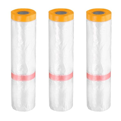 HARFINGTON 3 Rolls Pre-Taped Masking Film 157.5" x65.6ft Double Adhesive Tape and Drape Painters Plastic Drop Cloth Film with Tape Plastic Sheeting for Automotive Painting Covering