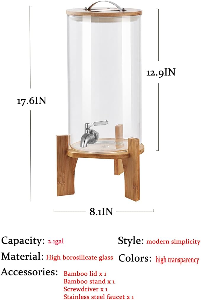 Beverage Dispenser, 2.1 Gallon Glass Drink Dispenser