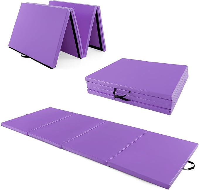Giantex 4'x10'x 2" Gymnastics Mat, 4-Panel Folding Aerobics Exercise Mat w/Hook & Loop Fastener, Carrying Handle, Portable Tumbling Mat for Stretching Yoga Cheerleading Martial Arts