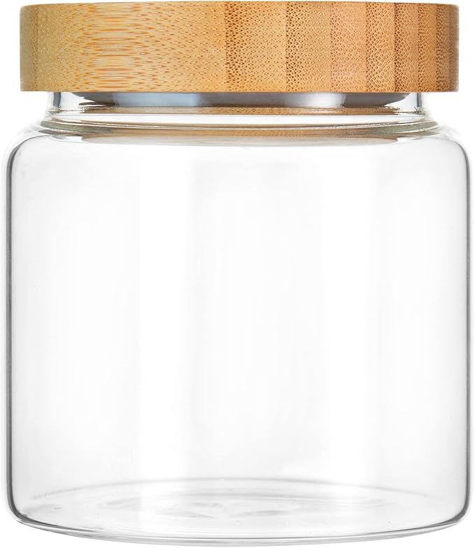 480 ml / 16 oz clear cute glass storage canister holder with airtight bamboo lid, modern decorative small container jar for coffee, spice, candy, salt, cookie, condiment, pepper, sugar