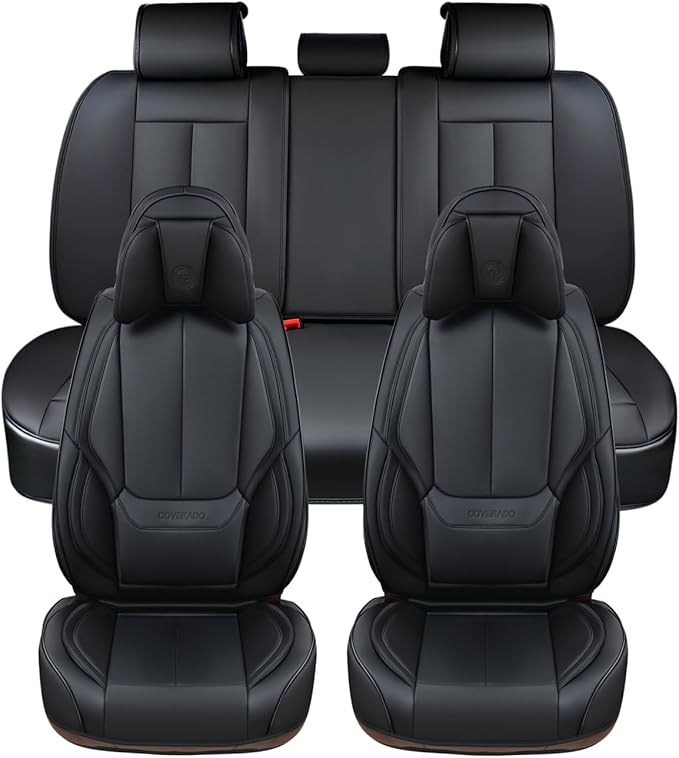 Coverado Car Seat Covers 5 Pieces, Full Set Universal Seat Covers for Cars, Waterproof Nappa Leather Auto Seat Protectors with Head Pillow, Car Interiors Fit for Most Sedans SUV Pick-up Truck, Black