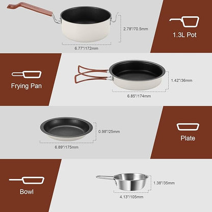 Odoland 10pcs Camping Cookware Non-Stick Camping Pot and Pan Set with Plate Bowl Fork Knife Spoon for Backpacking, Hiking, Outdoor Cooking and Picnic