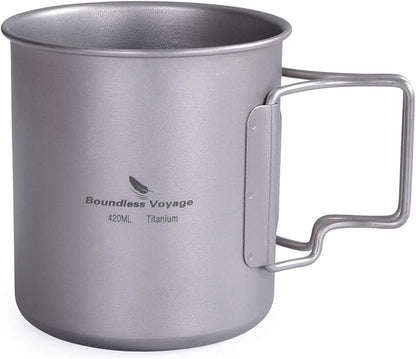 Titanium Coffee Mug Titanium Pots Titanium Cup with Foldable Handle Outdoor Camping Water Mug Tableware 14.3oz/420ml Ti1518B