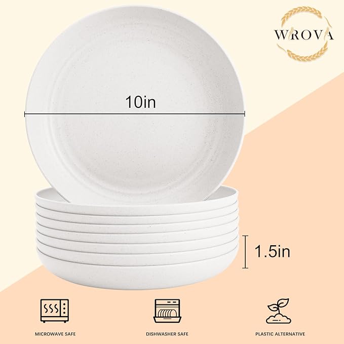 Wrova Wheat Straw Plates - 10 Inch Unbreakable Dinner Plates Set of 8 - Dishwasher & Microwave Safe Plastic Plates Reusable for kitchen and camping (White)