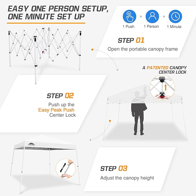 EAGLE PEAK 10x10 Slant Leg Pop-up Canopy Tent Easy One Person Setup Instant Outdoor Beach Canopy Folding Portable Sports Shelter 10x10 Base 8x8 Top (White)