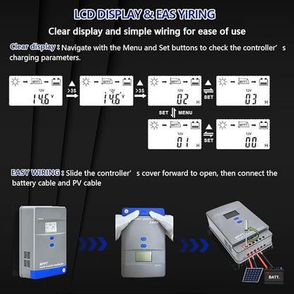 40A MPPT Solar Charge Controller 12V/24V Auto Battery Regulator LCD Display