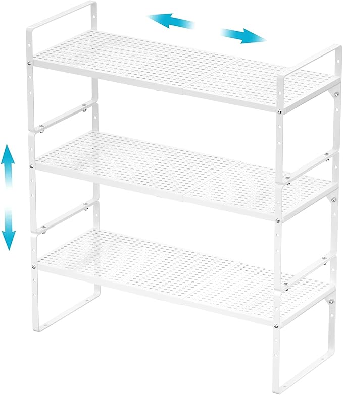 iPEGTOP 3 Pack Large Expandable Cabinet Storage Shelf, Heavy Duty Stackable Steel Metal Spice Rack Adjustable Height Home Office Pantry Garage Shelves for Counter Kitchen Organization, White