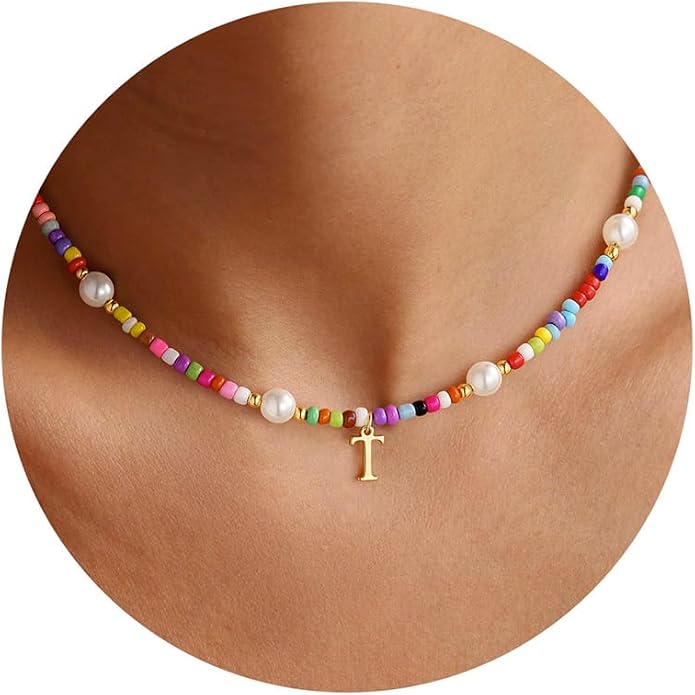 M MOOHAM Colorful Initial Necklaces for Girls - Beaded Pearl Choker Necklace for Women Teen Girl Colorful Summer Boho Necklace Jewelry, Trendy Personalized Letter Initial Gifts Birthday Gifts Kids