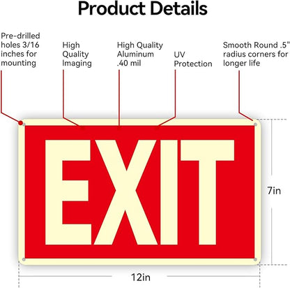 Exit Sign -2 Pack Glow in the Dark Exit Signs Aluminum 12x7 Inch – Photoluminiscent, Laminated for Ultimate UV, Weather & Fade Resistance , Indoor & Outdoor for Business, School, Office, Warehouse,fire exit sign