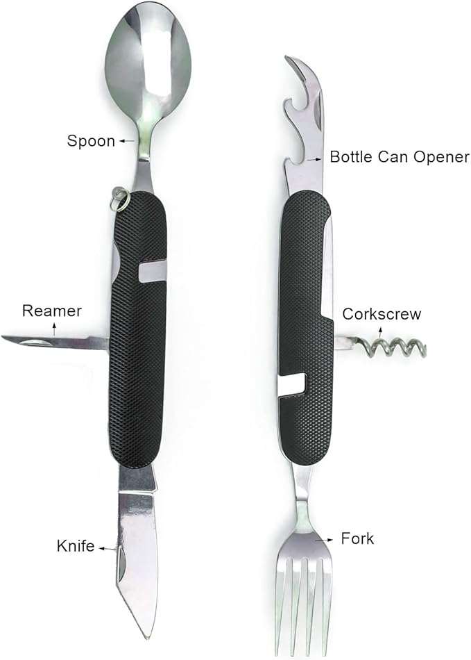Cluck 6-in-1 Multi-Function Camping Utensil Flatware Set Detachable Spoon Fork Knife Combo Mess Kit with Carrying Pouch (Red + Black)