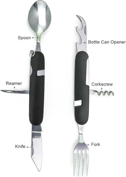 Cluck 6-in-1 Multi-Function Camping Utensil Flatware Set Detachable Spoon Fork Knife Combo Mess Kit with Carrying Pouch (Red + Black)