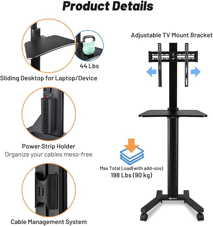 AW Rolling TV Stand Mobile TV Cart Height Adjustable
