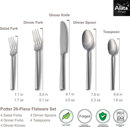 Alata Potter 20-Piece Forged Silverware Set, Service for 4 – Premium Stainless Steel Flatware Set, Modern Design with Satin Finish, Ideal for Home, Kitchen, Party, Camping