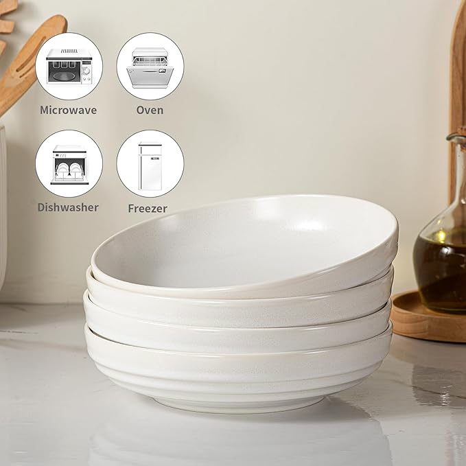 HAPPY KIT Stoneware 9'' Pasta Bowls, 42 Oz Large Salad Bowls Set of 4, Serving Bowls Perfect for Dessert, Soup, Fruit, Noodle, Granite White