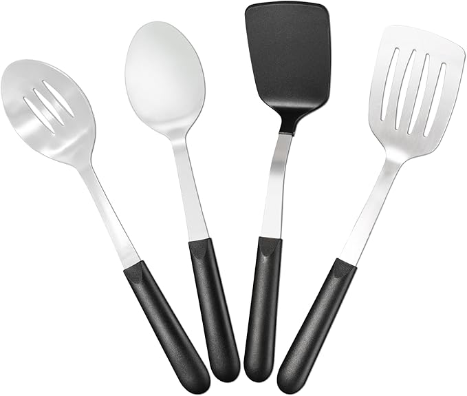 Stainless Steel Cooking Utensils Set, 4-piece Kitchen Utensil Set with PP Handles, Dishwasher Safe, Non-Stick and Heat Resistant, Spoons, Spatula for Cooking