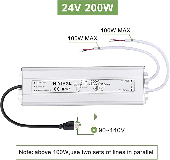 LED Driver 200 Watts 24V DC Low Voltage Transformer， Waterproof IP67 LED Power