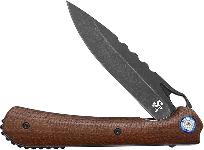 Sitivien ST145 Folding Pocket Knife,Black Stonewashed 14C28N Steel Blade,Micarta Handle EDC Tool Knife for Outdoor Survival,Camping,Hiking,Hunting(Brown) …