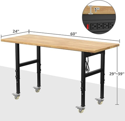 60" Adjustable Workbench,Heavy-Duty Work Table,3000 LBS Load Capacity Hardwood Workstation Outlets with Power Strips and Wheels,for Workshop, Garage