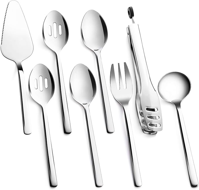 KINGSTONE Large Hostess Serving Utensils Set, 18/10 Stainless Steel Heavy Duty 10-inch Serving Utensils, Slotted Spoons, Forks, Tongs, Cake Pie Server for Buffet, Wedding, Party