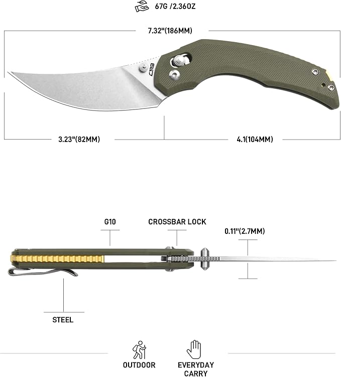 CJRB Nanner Pocket Knife with 3.23" AR-RPM9 Steel Blade, Pocket Knife with G10 Handle for Men Women, Crossbar Lock EDC Knife for Camping Hiking, Designed by Dustin Rhodes(J1955 Green)