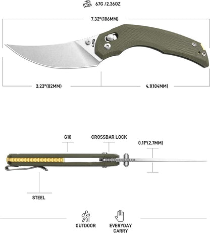 CJRB Nanner Pocket Knife with 3.23" AR-RPM9 Steel Blade, Pocket Knife with G10 Handle for Men Women, Crossbar Lock EDC Knife for Camping Hiking, Designed by Dustin Rhodes(J1955 Green)