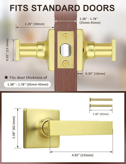 Mengico 4 Pack Passage Door Levers Gold Finish, No-Locking Keyless Square Door